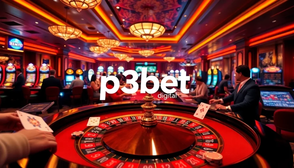 Experience the thrill of betting at an exciting casino scene featuring stunning tables and lights, leading to https://p3bet.digital/.