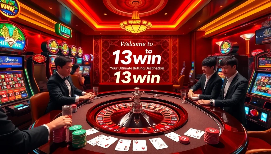 Players engaging in an exciting roulette game at 13win casino, surrounded by vibrant slot machines and poker chips.
