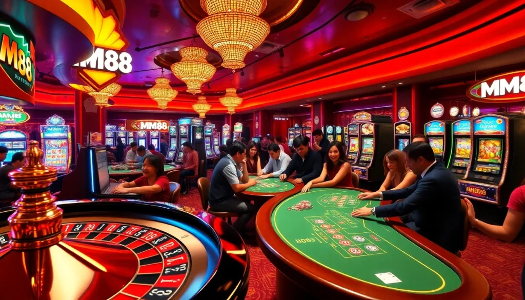 Experience the excitement of MM88 at a vibrant casino with players at poker tables and spinning roulette wheels.
