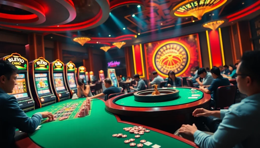 A thrilling casino scene showcasing players at poker tables while exploring keonhacai online betting options.
