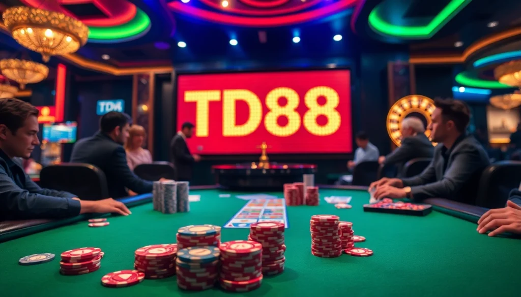 The exhilarating TD88 poker game scene featuring vibrant poker chips and cards in action.
