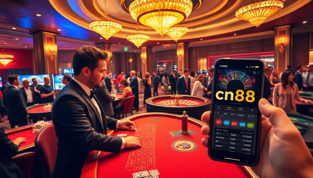 Experience the thrill of casino gambling at cm88 with vibrant players at tables and a spinning roulette wheel.