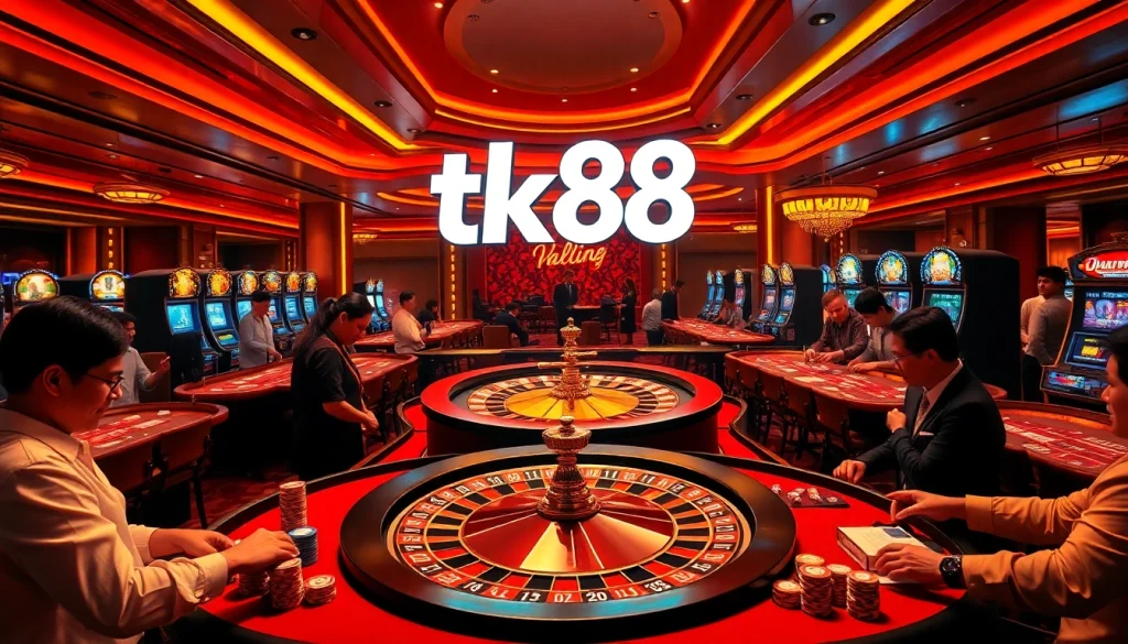 Experience the thrill of the tk88 casino with players at vibrant poker tables and a spinning roulette wheel.