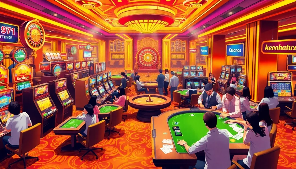 A scene of vibrant casino activities highlighting keonhacai sports betting with players engaged in thrilling games.