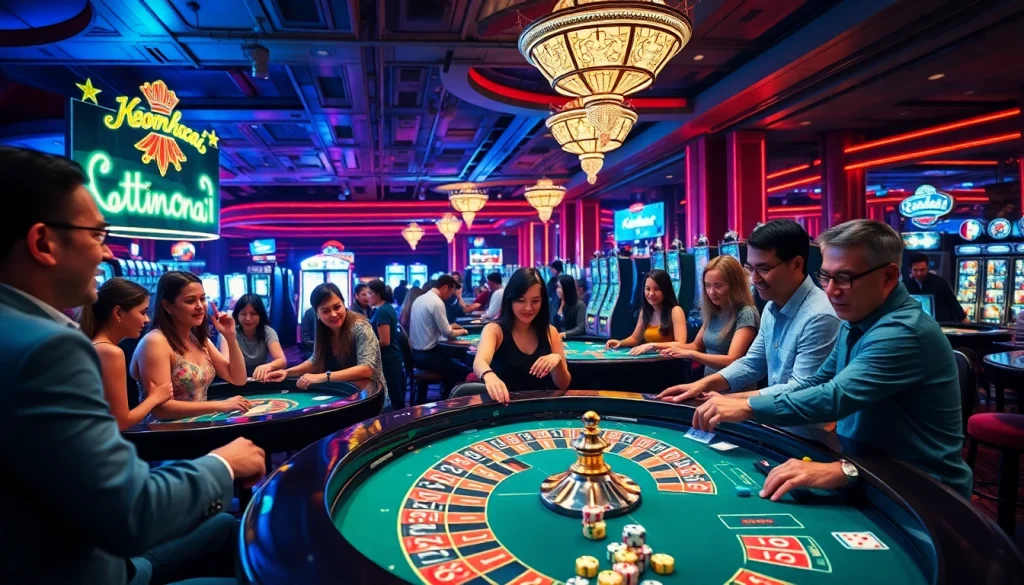 Gamblers enjoying the vibrant atmosphere of a casino while checking keonhacai betting odds displayed on screens.