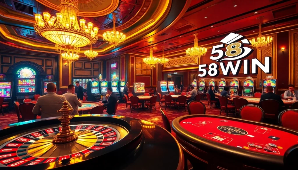 Experience the thrilling atmosphere of 58WIN casino with players at roulette and poker tables.