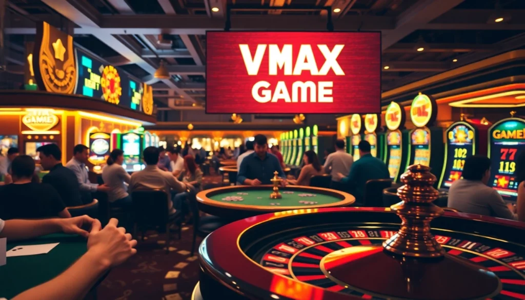 Experience the thrill of the VMAX Game on a vibrant casino floor with intense poker action.