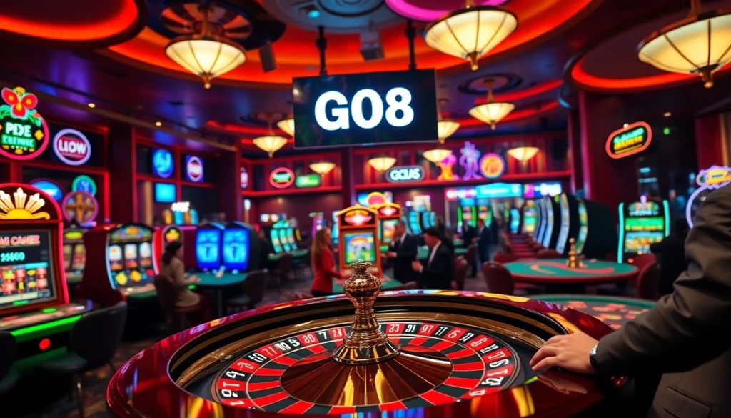GO8 casino scene with vibrant slot machines and poker tables, showcasing the thrill of gambling.