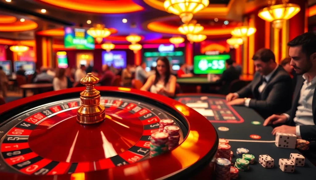 Players at a casino engaging in games, while direct payday loans UK options are promoted in the background.