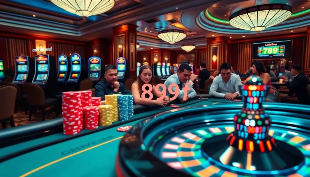 A vivid scene of a poker game at a casino featuring the keyword 789f on poker chips under exciting casino lights.