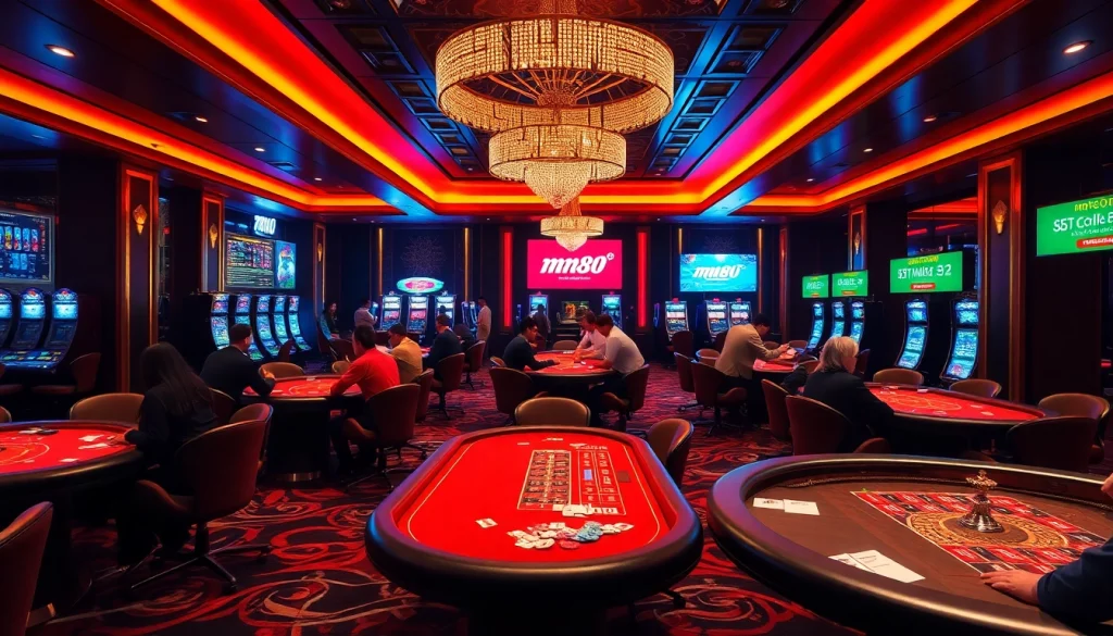 Experience the thrilling gaming at mm88 com with vibrant casino tables and excited players engaging in various games.