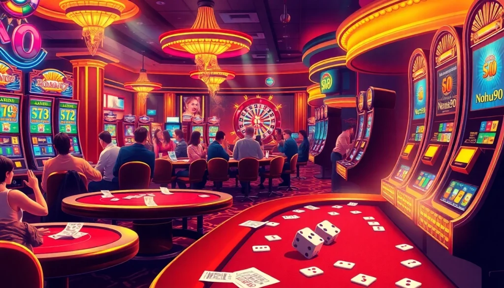 Nohu90 showcases a lively casino scene filled with players at poker tables, vibrant slot machines, and rolling dice, capturing the thrill of gambling.