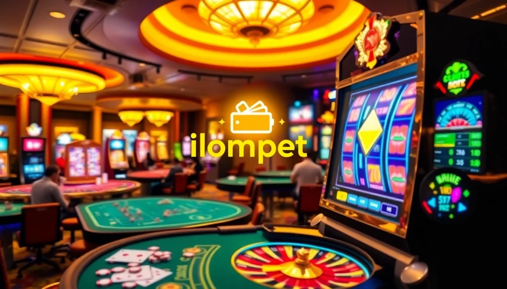 i1dompet showcases a dynamic online casino scene featuring vibrant slot machines and poker tables packed with excitement.