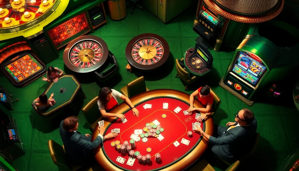 Experience excitement at https://enew88.com/ with vibrant casino tables filled with players and colorful chips.