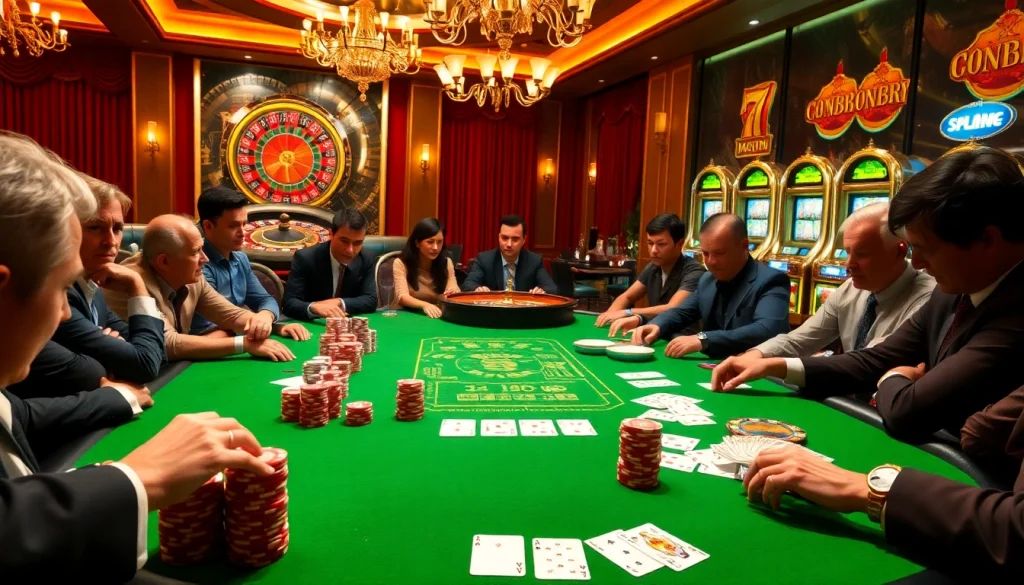 Experience thrilling poker action with diverse players at uu88i.tech showcasing high stakes and excitement in a vibrant casino atmosphere.