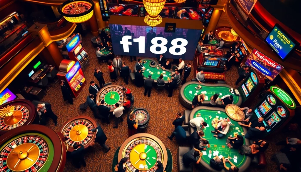 Players at F168 casino engage with vibrant slot machines and poker tables in a lively environment.
