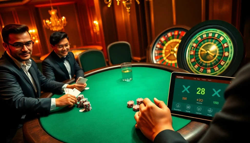 Experience the thrill of xx88 poker at a luxurious casino table with vibrant players and chips.