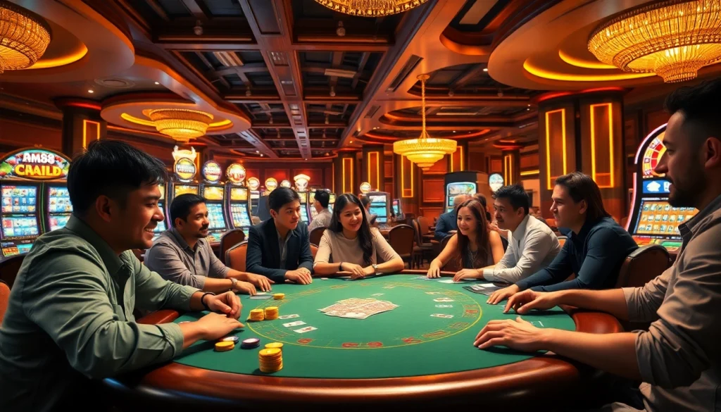 Experience the thrill of MM88 with players at a high-stakes poker table, capturing the essence of luxury gaming in a bustling casino.