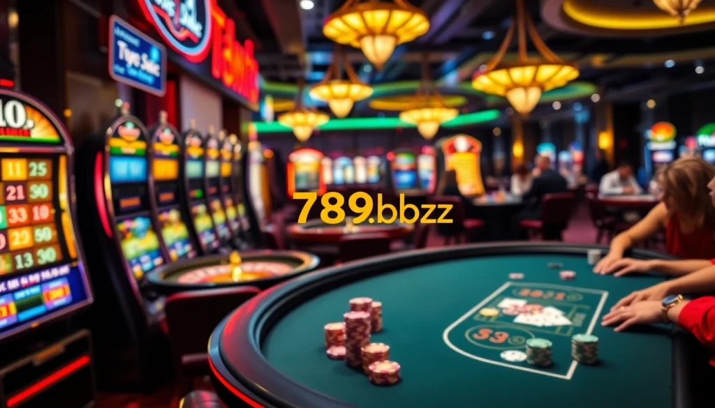 Experience the excitement of 789b.buzz with players at a lively casino, showcasing poker chips and bright slot machines.
