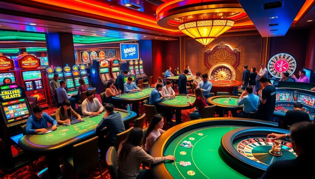 Experience the excitement of MM88 Vegas with players at poker tables, dazzling slot machines, and thrilling roulette games.