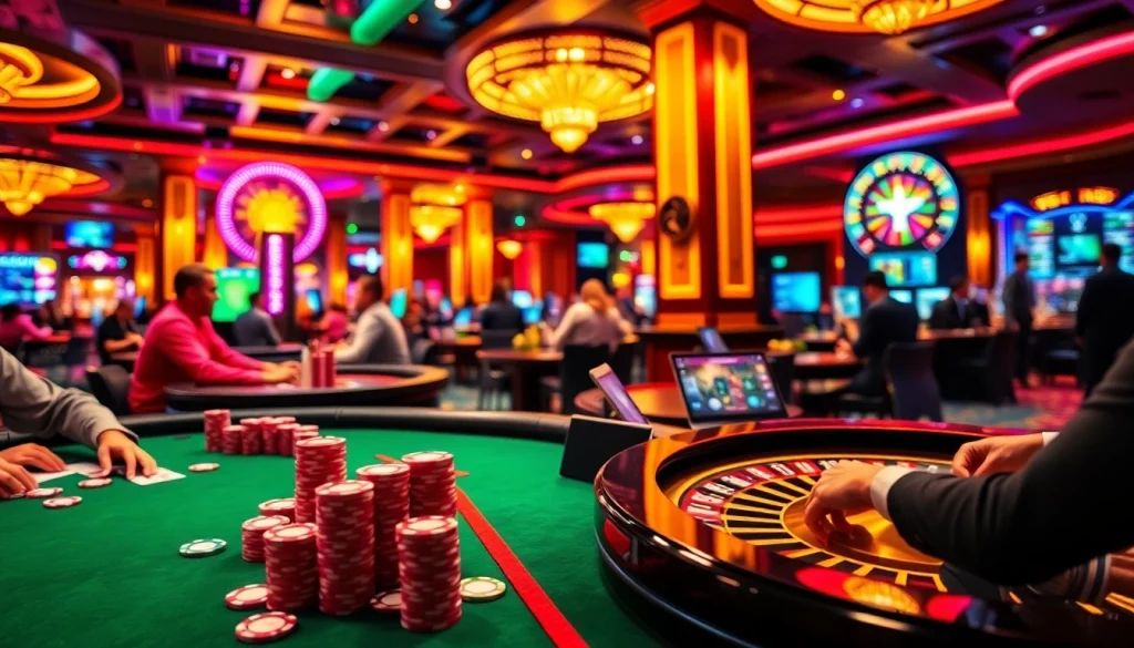 Exciting casino scene featuring players engaging in poker and online gaming at https://98win9.dev/.