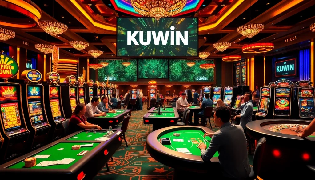Players enjoying a thrilling night at the casino with KUWIN branding and vibrant gambling activities.