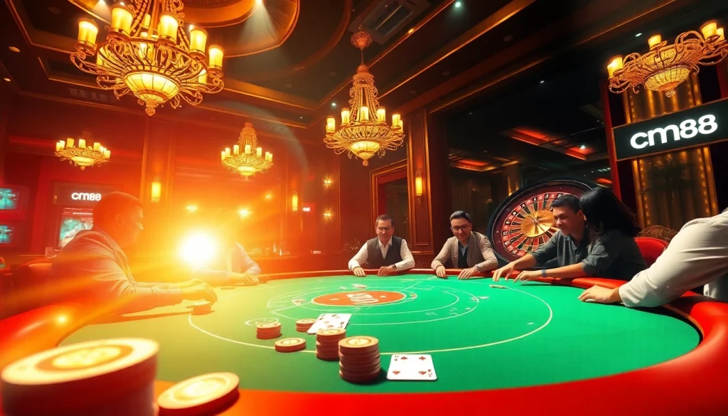 Experience high-stakes excitement as players engage at the cm88 poker table, surrounded by vibrant casino ambiance and lavish decor.