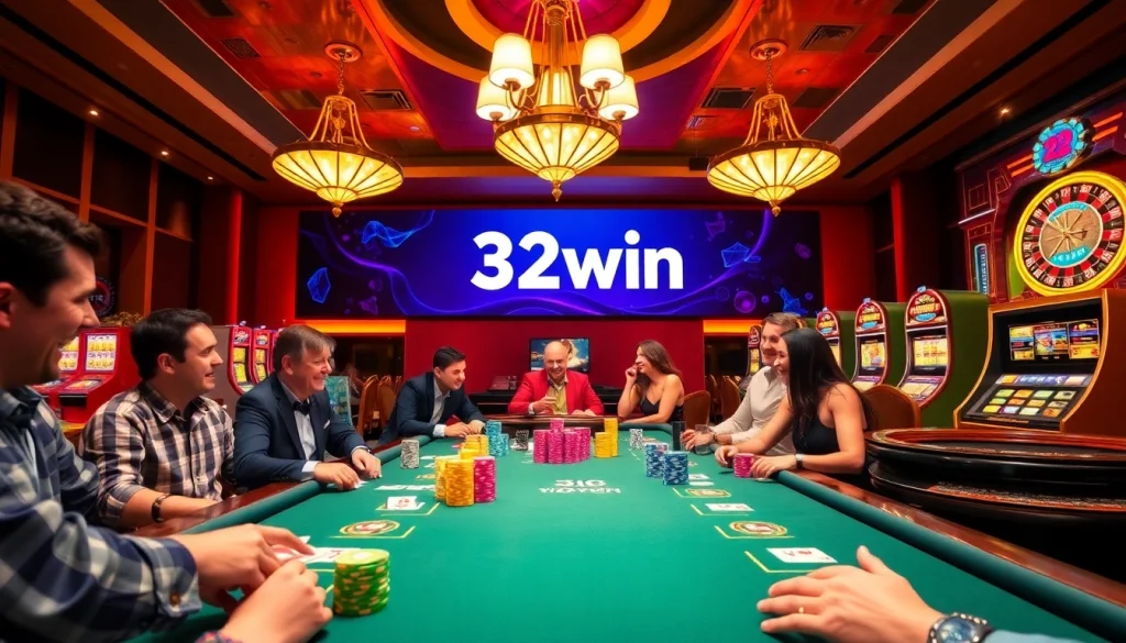 Players at a 32win poker table celebrating a big win with colorful chips and vibrant slot machines.
