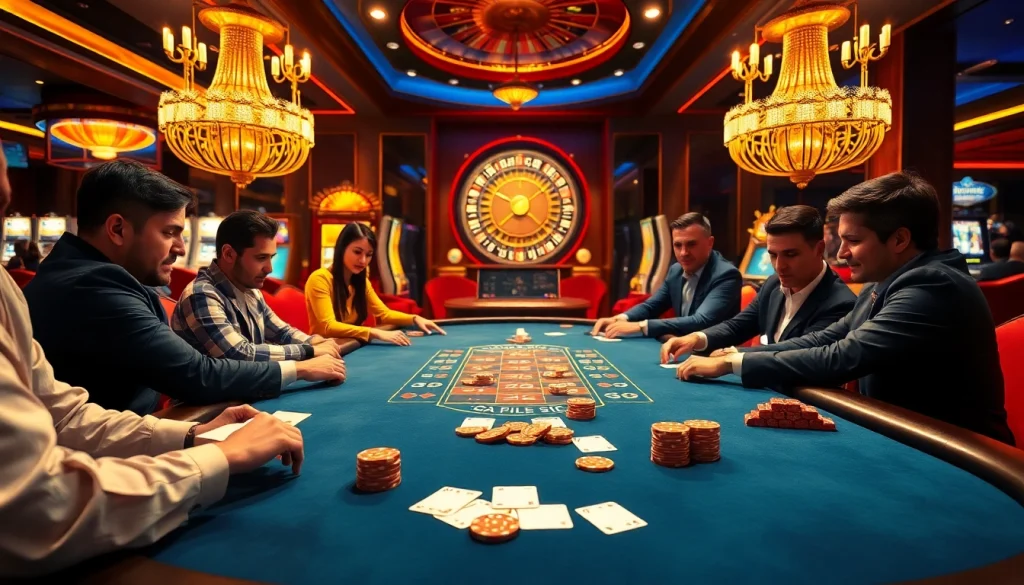 Engage in a thrilling game of poker at https://vic88.black/ with players surrounded by vibrant casino ambiance.