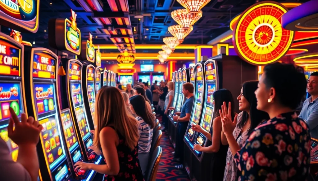 Players enjoying the thrilling C168 slot machine experience in a vibrant casino setting with dynamic gameplay.
