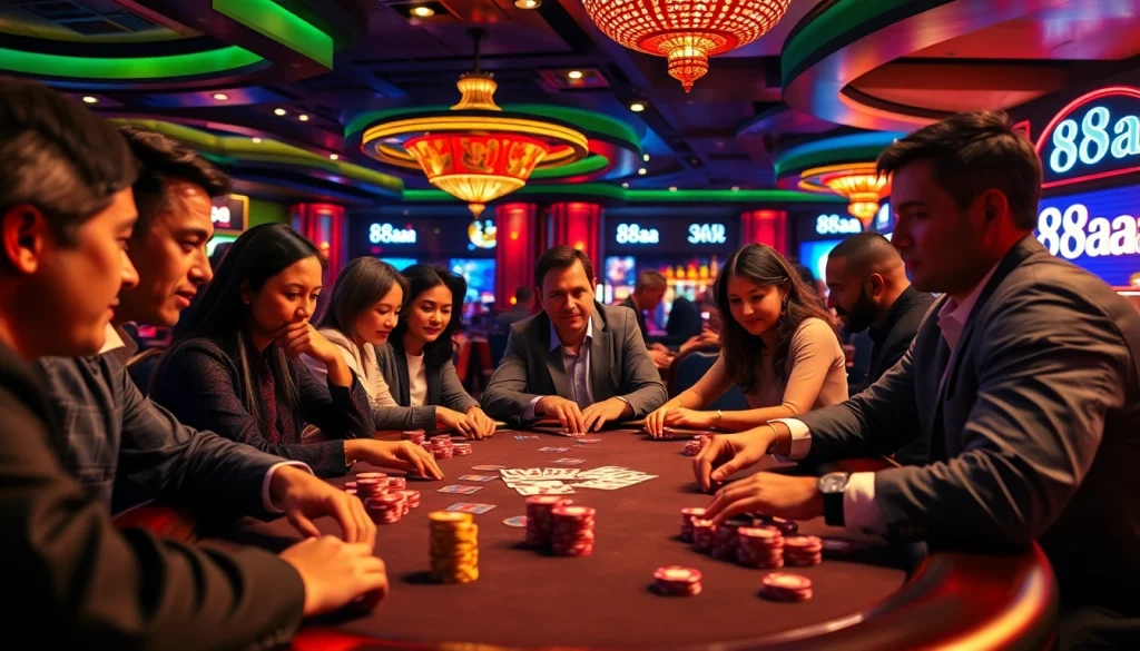 Players enjoying an intense moment in a casino game featuring 88aa poker chips at a richly decorated table.