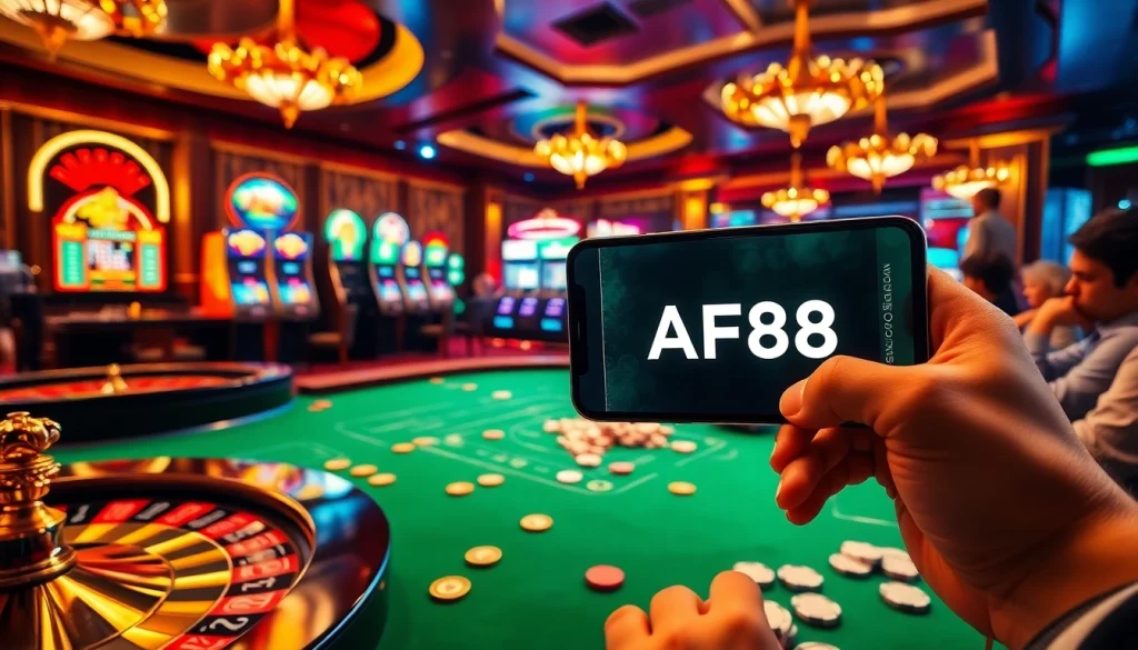 AF88 gamblers eagerly placing bets at a luxurious poker table in a vibrant casino setting.