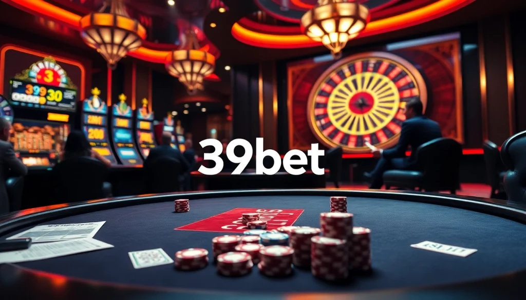 39bet online casino scene illustrating players engaged in intense poker and gambling action, showcasing luxury and excitement.