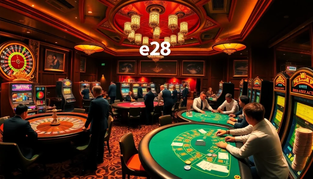 Casino scene featuring vibrant roulette wheel, poker chips, and players showcasing high excitement with e28 stakes.
