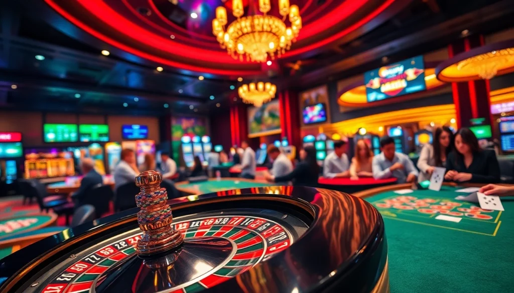 Thrilling scene at a casino with players at tables, showcasing nhà cái qq88's vibrant gambling interface.