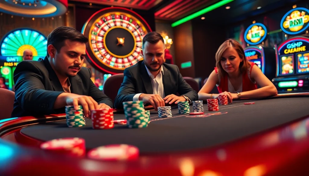 Players enjoying a thrilling poker game at 888P Casino with vibrant chips.