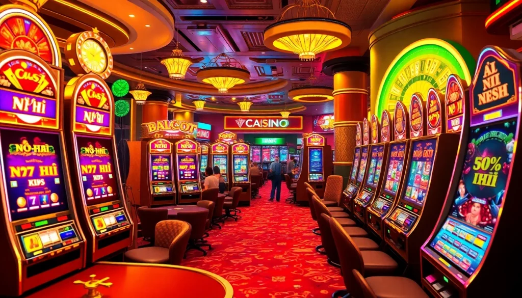 Exciting scene of players engaging with vibrant nổ hũ slot machines in a bustling casino atmosphere.