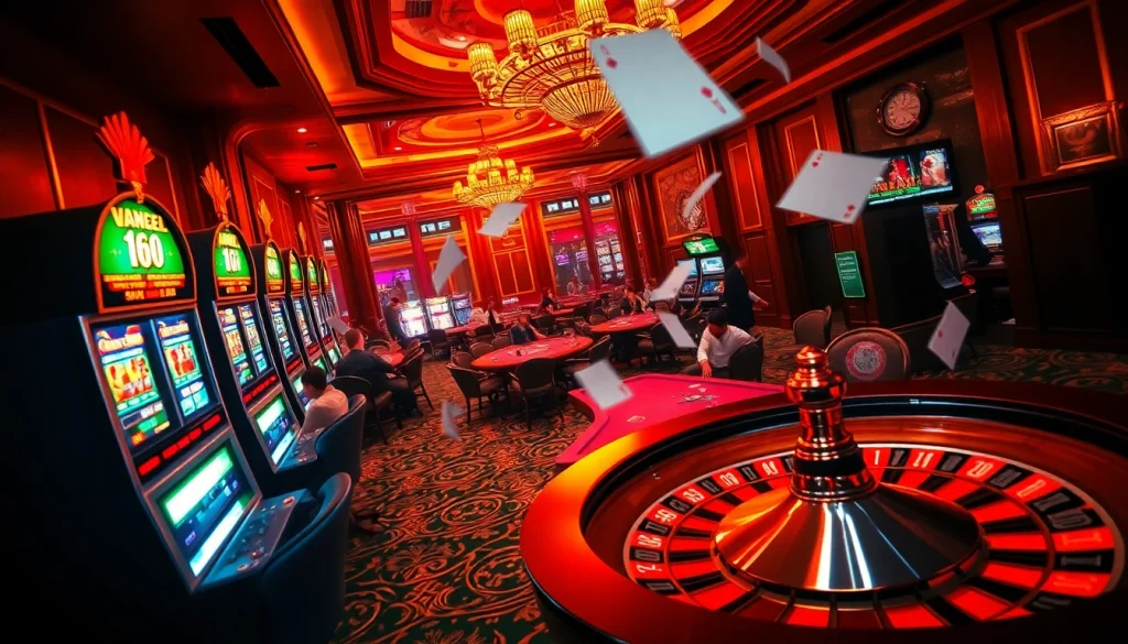 Engage in the thrilling VMAX Game at a vibrant casino where players celebrate wins at poker tables and slot machines.