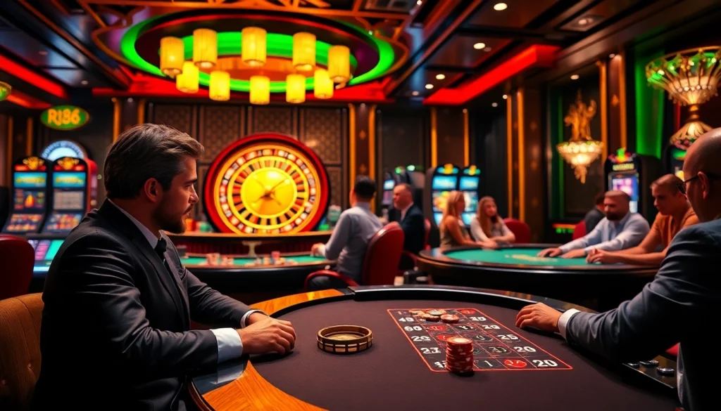 rr88 players enjoying the thrill of a slot machine in a luxurious casino setting, surrounded by vibrant colors and exciting gaming action.