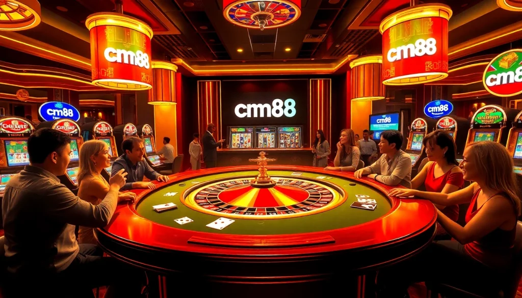 Experience vibrant casino excitement at cm88 roulette with players, cards, and chips.