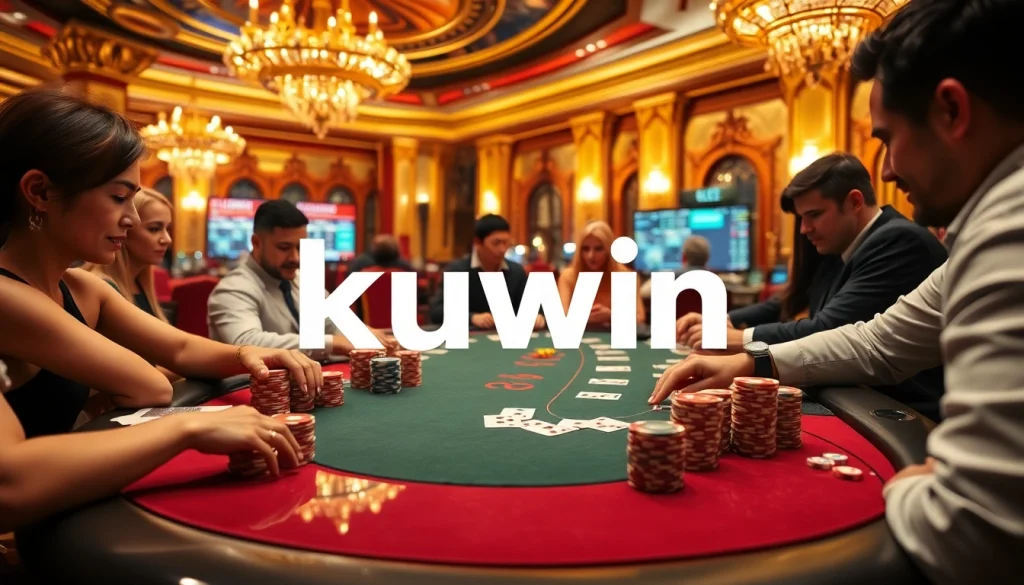 KuWin poker table with players engaged in a thrilling gambling game, vibrant casino atmosphere.