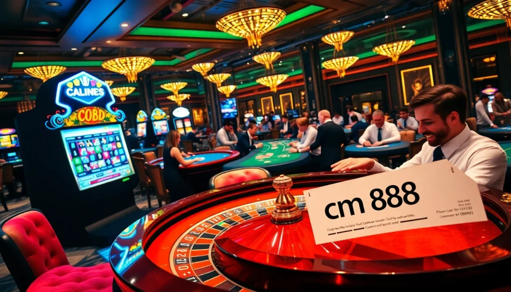 A vibrant casino scene featuring players at a roulette table, embodying the excitement of betting with the keyword cm88 highlighted on a slip.