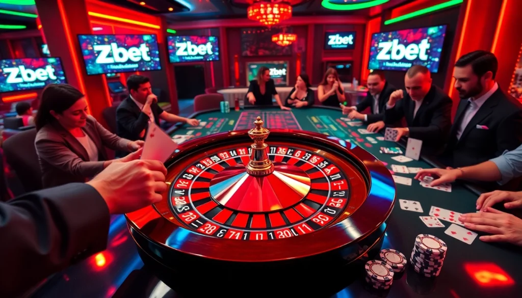 Players enjoying thrilling casino games at Zbet, with roulette and poker action.