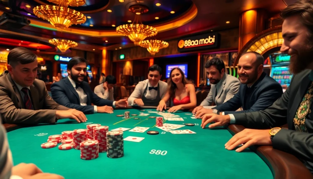 Players at a poker table enjoying a thrilling game at the 88aa mobi casino, with poker chips and cards prominently displayed.