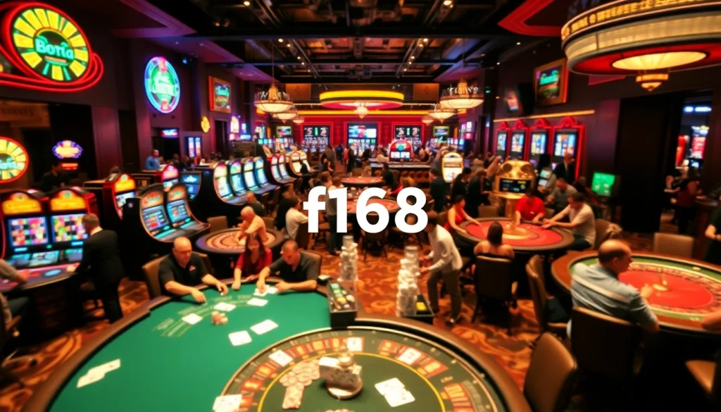 Experience the thrill of gaming at f168 Casino with vibrant tables, chips, and engaging players.