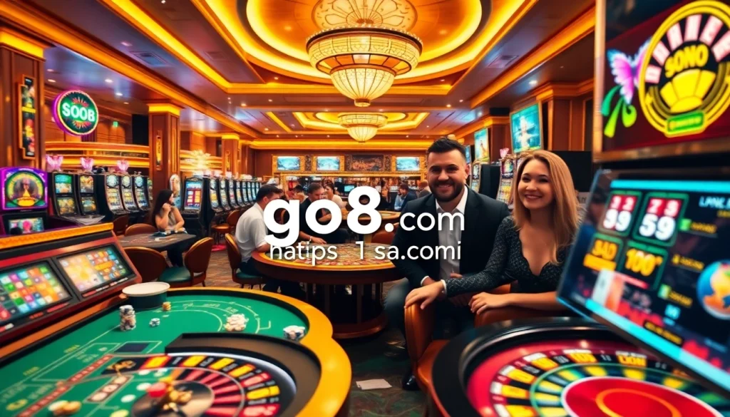 Explore the thrilling atmosphere at https://go8.sa.com/, featuring lively casino tables, poker chips, and dazzling slot machines.