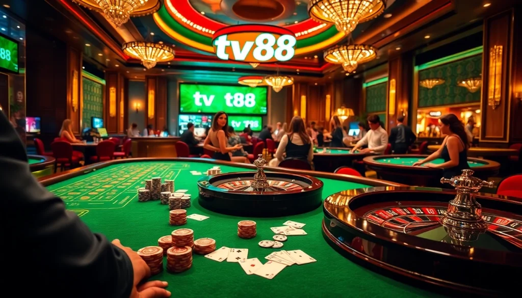 Exciting casino scene with players enjoying diverse games at tv88, featuring poker, roulette, and chips.