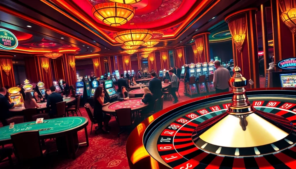 Vaobet casino interior featuring players at poker tables and vibrant slot machines in action.