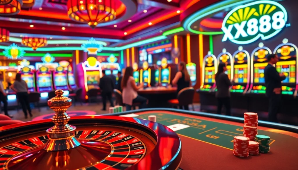 Experience the thrill of XX88 at our bustling casino, complete with roulette wheels and vibrant slot machines.