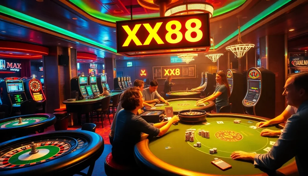 Experience the thrill of winning at XX88, featuring dynamic blackjack tables and vibrant slot machines in a lively casino setting.